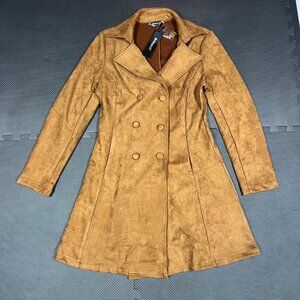 Allegra K Womens Double-Breasted Faux Suede Long Coat M Camel Brown Made In Chin